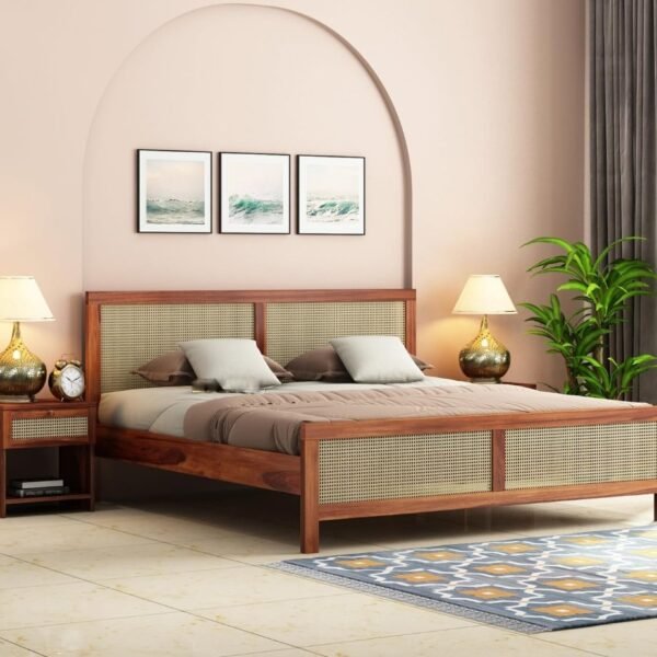 Sleepowell Furniture Sheesham Wood Natural Rattan Cane Bed without Storage for living Room and Bedroom (Natural Finish)