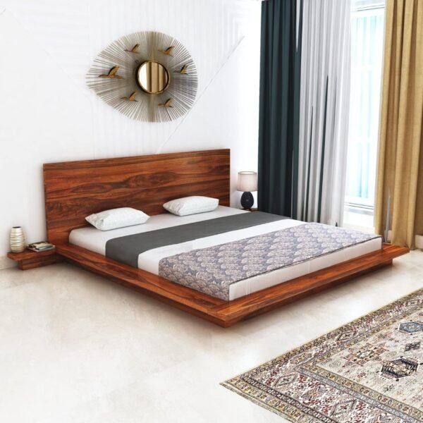 Sleepowell Furniture Sheesham Wood Wooden Low Height Platform Bed with two Bedside tables