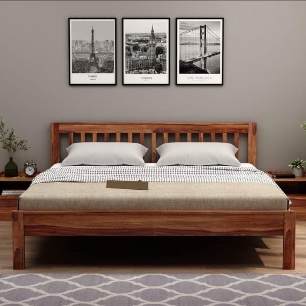 Sheesham Wood Wooden Cot Bed with Vertical Bar Headboard without Storage for Bedroom, Living Room and Hotel